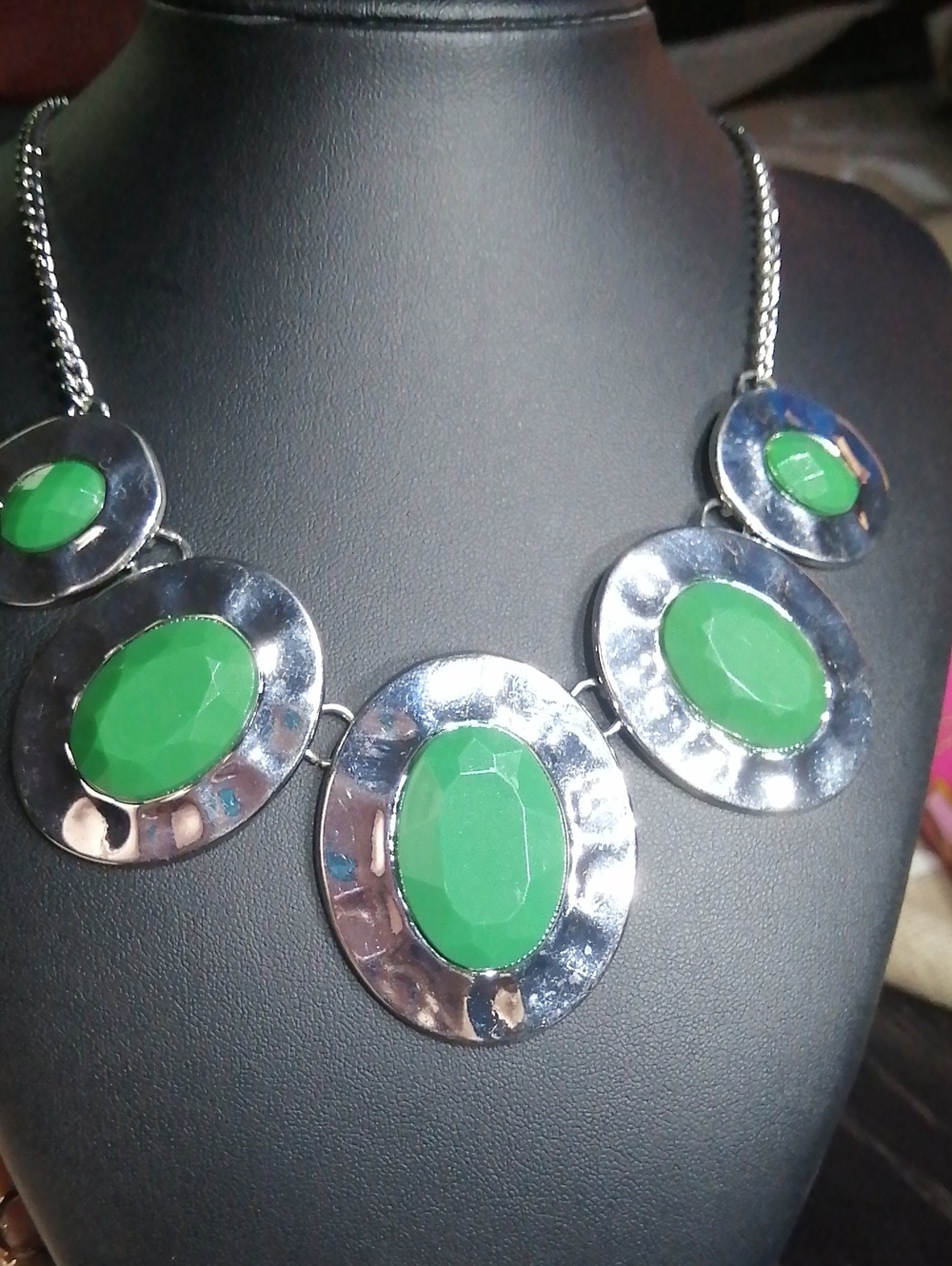 Green Statement Bib Hammered Silver Tone Necklace